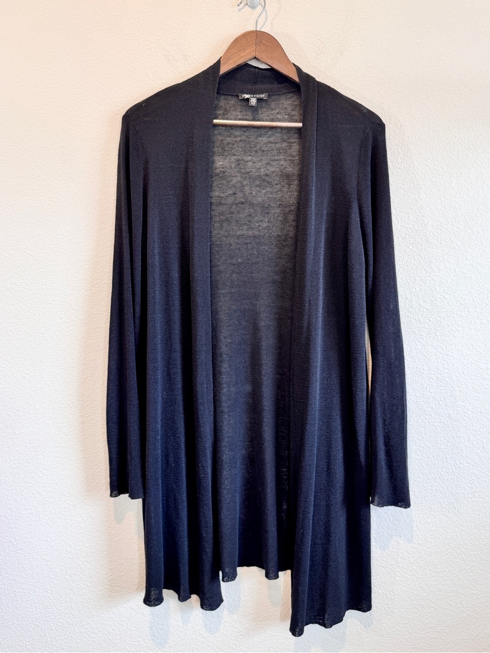 Eileen Fisher Linen Cardigan L Black Long Open Front Sheer Minimalist XL J73